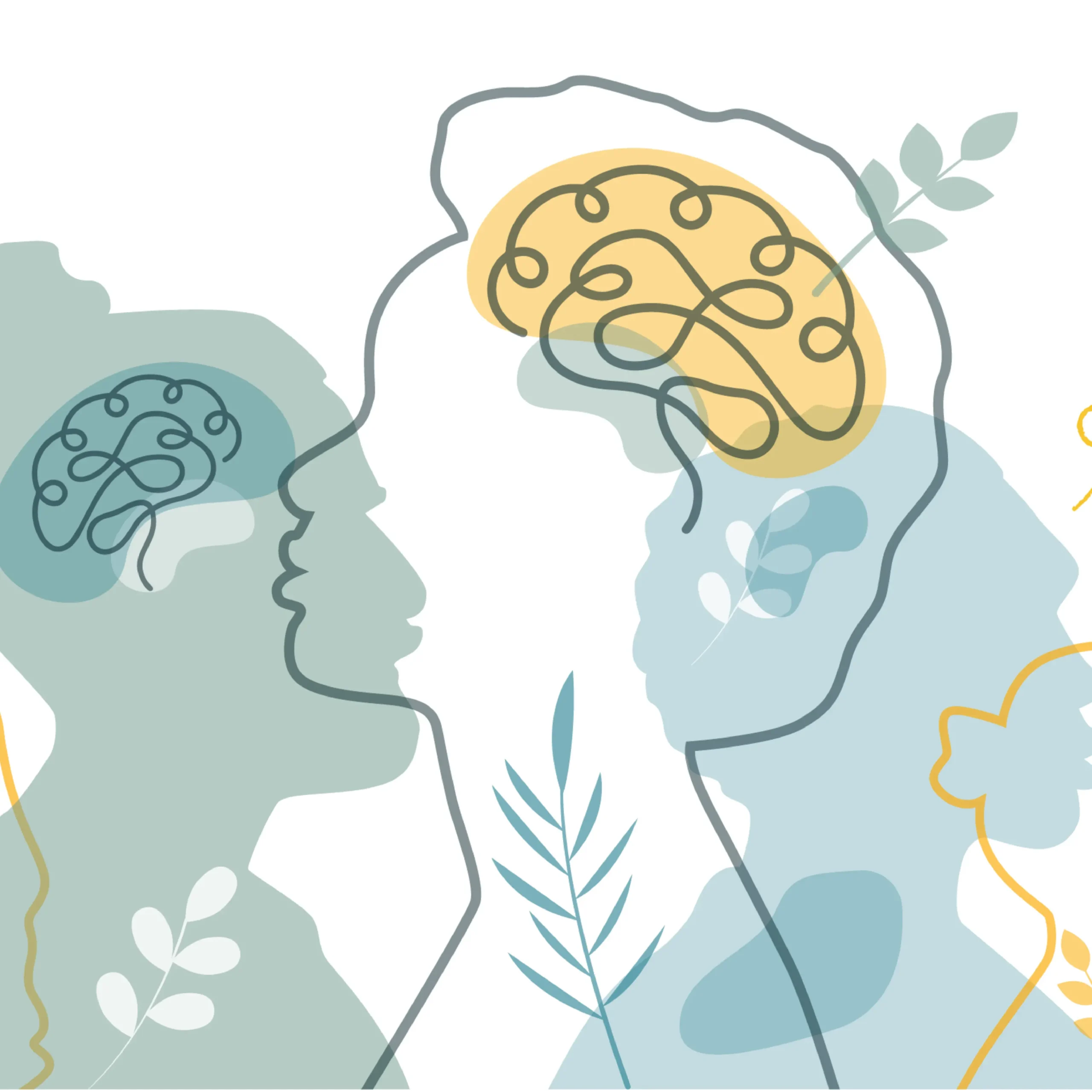 Abstract heads with stylized brains and leaves