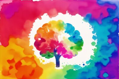 Colorful watercolor tree with rainbow splashes